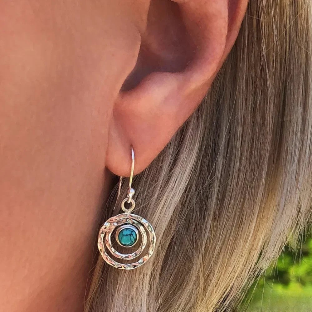Bohemian Saturn Earrings Featuring Turquoise Stone in Silver and Gold