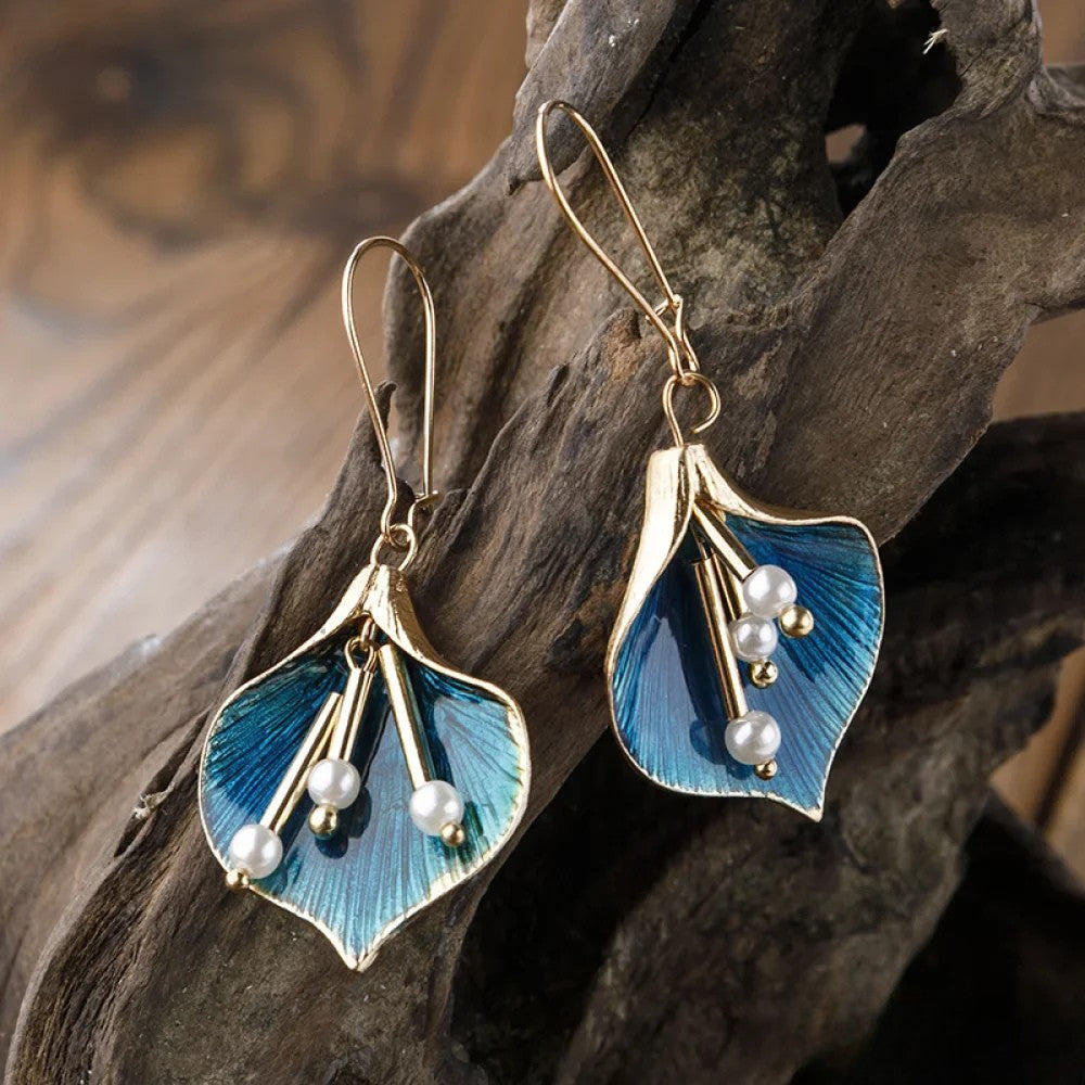 Vintage Silver Earrings with Blue Lotus Design