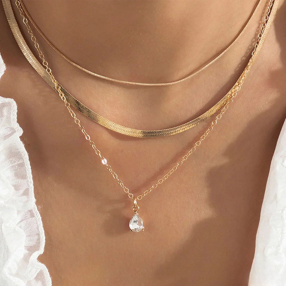 Gold-Toned Zirconia Pendant Layered Necklace
