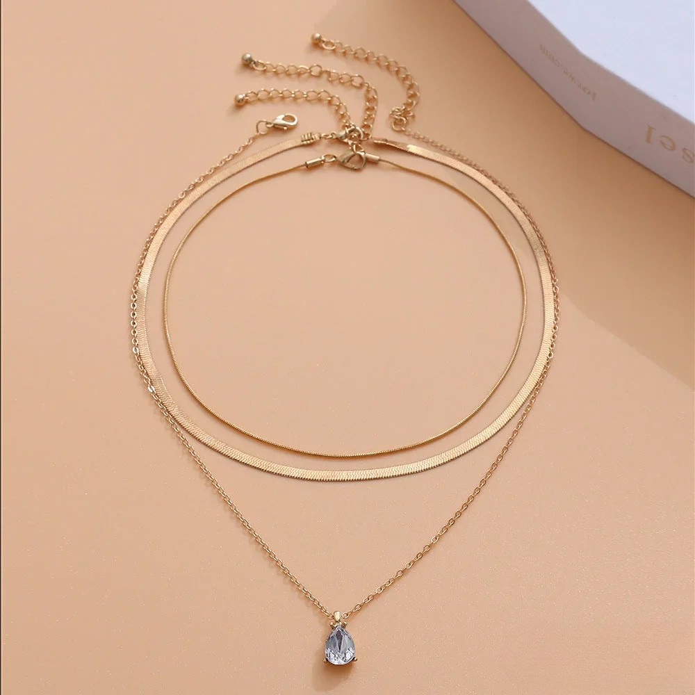 Gold-Toned Zirconia Pendant Layered Necklace