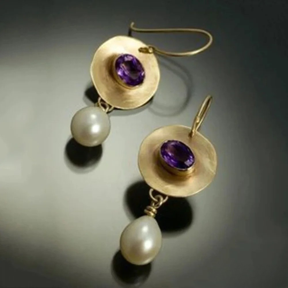 Retro Gold Earrings Adorned with Purple Zirconia and Pearls