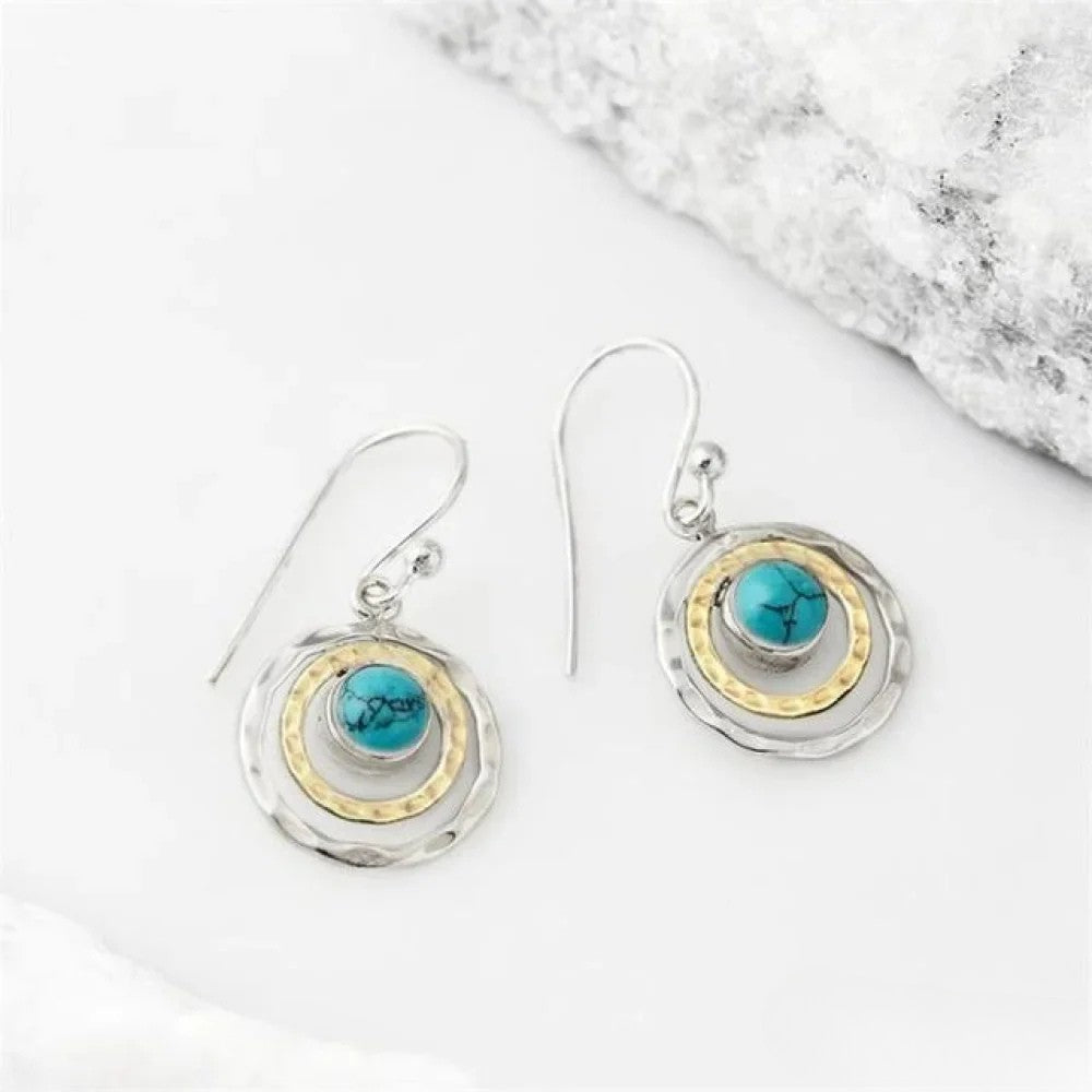Bohemian Saturn Earrings Featuring Turquoise Stone in Silver and Gold